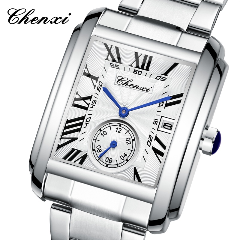 Cartier Watch Tank - CHENXI 8216 นาฬิกาควอตซ์แฟชั่นธุรกิจที่เรียบง่ายเรียบง่ายสีเงินสายสแตนเลสนาฬิกาข้อมือสำหรับชายเรลógios masculino