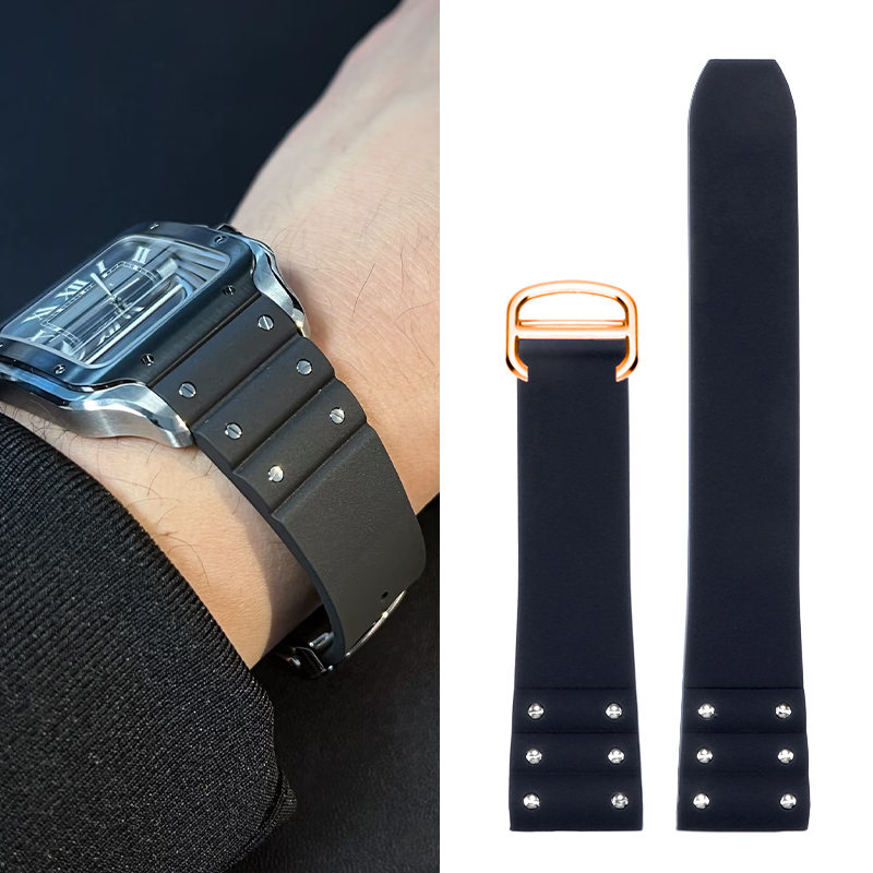 Cartier Watch Santos - สายนาฬิกายางคุณภาพสูงสำหรับคาร์เทียร์ ซานโตสสายซิลิโคนสีดำสีฟ้าสายนาฬิกายางกันน้ำ 21 มม. หัวเข็มขัดแบบพับได้